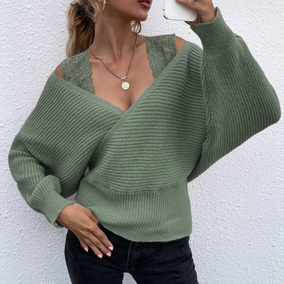 Cozy Floral Lace Knit Sweater Top Cold Shoulder Minimalist - Picture 2 of 11